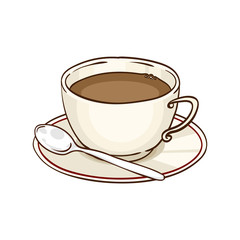 Cup of coffee or black tea with saucer and teaspoon. Vector hand drawn illustration, isolated on white