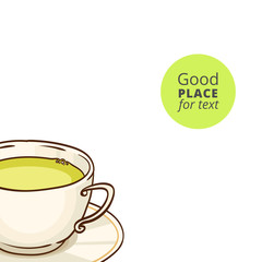 Cup of green tea with saucer. Vector hand drawn illustration, isolated on white, with place for text