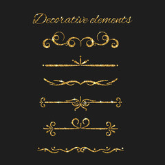 Gold text dividers set. Ornamental decorative elements. Vector ornate design. Golden flourishes. Shiny decorative hand drawn borders with glitter effect.