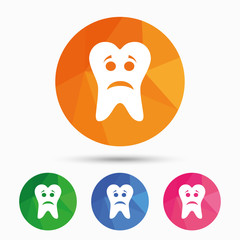 Tooth sad face sign icon. Aching tooth symbol.