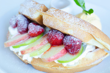 Honey fruit  waffle with ice cream