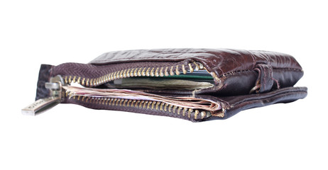 Old brown purse isolated on white background.