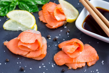 Smoked salmon filet with soy sauce, horizontal, closeup