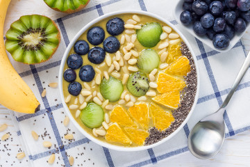 Breakfast smoothie bowl with matcha green tea, kiwi and banana