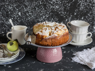 Homemade apple pie on a dark background. Tea time. Still life in vintage style