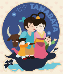 Legendary Family Reunion Celebrating Tanabata Festival, Vector Illustration