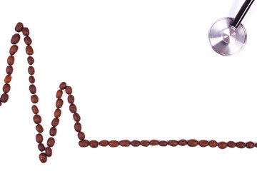 Cardiogram line of coffee grains and stethoscope, medicine and healthcare concept
