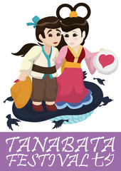 Cute Couple Poster for Tanabata Festival, Vector Illustration