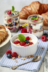 Breakfast table: bowl of yogurt with muesli and fresh fruits