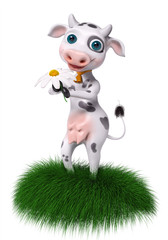 Cartoon cow holds chamomile in hands isolated, 3d rendering