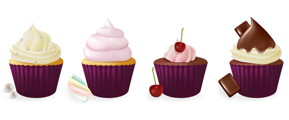 Different flavors isolated set of cupcakes on white background.