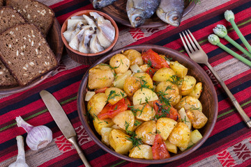 Vegetable stew in plate, close up.