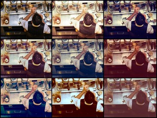 Photo collage of Barista and coffee machines, vintage filter applied