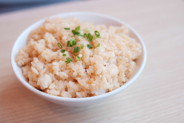 Japanese garlic rice on white bowl