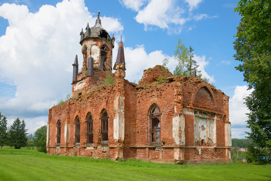 Ruins of the orthodox church of the Kazan icon of the mother of God in the  Andrianovo village. Leningrad region, Russia