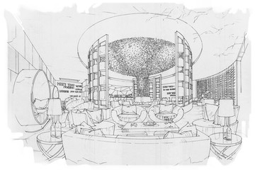 sketch perspective stripes lobby lounge, black and white interior design.