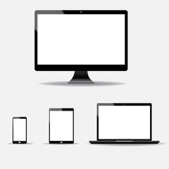 Realistic vector laptop, tablet computer, monitor and mobile phone template
