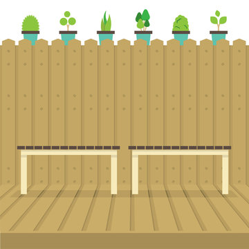 Empty Chairs On Wood Wall And Ground With Pot Plants Above Vector