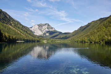 Fototapeta na wymiar Lake and mountains at the Vorderer Langbathsee in Salzkammergut,