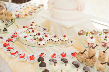 Delicious and tasty dessert table with cupcakes shots at reception closeup