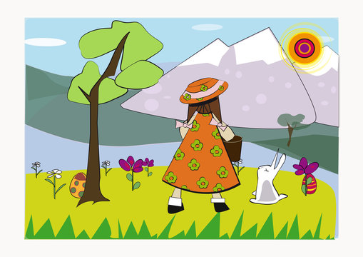 M&auml;dchen in idyllischer Landschaft mit Osterhase und ostereiern