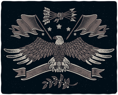 Graphic illustrations set in American style. Grunge texture hand drawn images of bald eagle spreading his wings, flag, ribbon, arrows and laurel branch