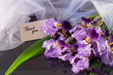 composition of the bouquet of irises and white veil on a dark re