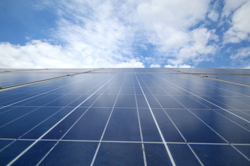 Solar panels. Sunlight gleams off solar panel. Close-up.
