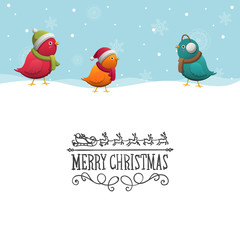 Vector Illustration of a Christmas Background with Cute Little Birds