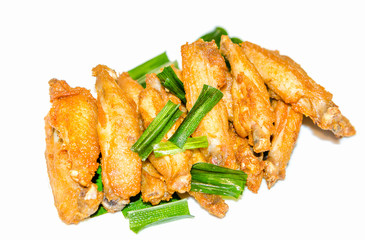 Hot Meat Dishes - Fried Chicken Wings with Garlic Cheese Sauce, Herb Thailand.on white background