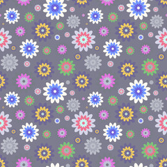 Fototapeta na wymiar Seamless pattern of colorful floral elements on dark gray background. 