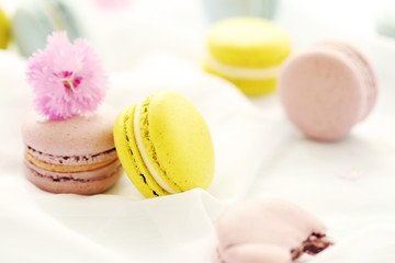 French colorful macarons on a white cloth