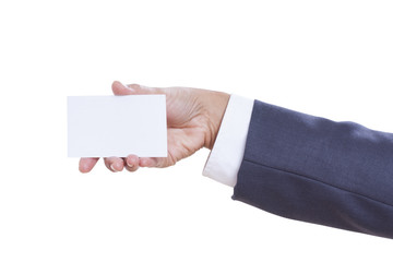Businessman showing and handing a blank business card, isolated on white background. with using path 