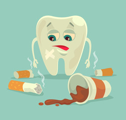 Bad habits. Unhealthy tooth character with coffee and cigarette. Vector flat cartoon illustration