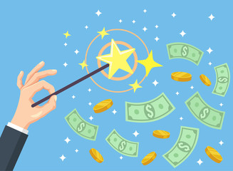 Hand holding magic wand and money. Vector flat cartoon illustration