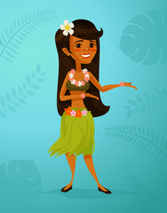 Hawaiian dancer girl character. Vector flat cartoon illustration