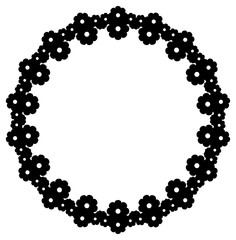 Black and white round frame with floral elements. Vector clip art.