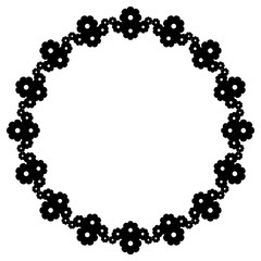 Black and white round frame with floral elements. Vector clip art.