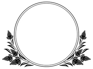 Black and white round frame with floral elements. Vector clip art.