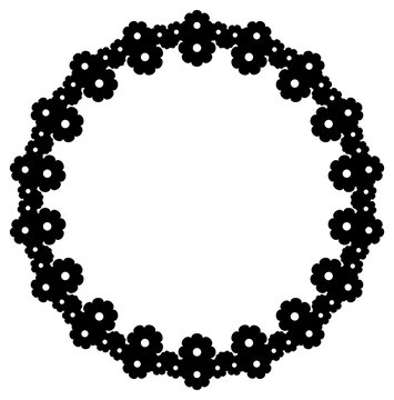 Black and white round frame with floral elements. Vector clip art.