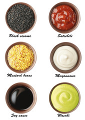 Set of different sauces with names on white background.