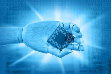 Robotic hand holding central processing unit. Future technologies concept.