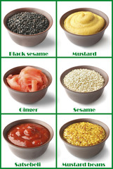Set of different sauces with names on white background.
