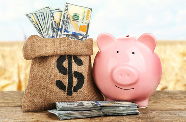 Money bags with dollar banknotes and piggy bank on wooden table. Money savings concept.