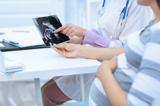 Pregnant woman with doctor looking at ultra sound photo in hospital