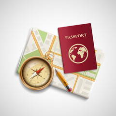Icon city map, a compass and a passport. Trip and travel. Stock