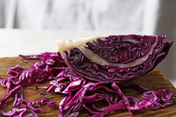 Fresh cut red cabbage on cutting board