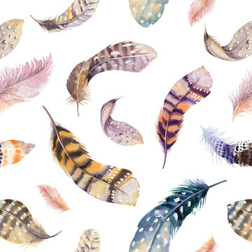 Feathers repeating pattern. Watercolor background with seamless 