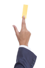 Businessman hand holding sticky note, isolated on white. with using path