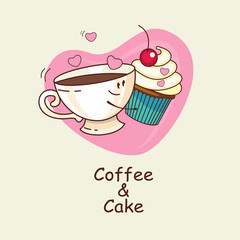 Coffee and cake on the background heart, love forever. Coffee an